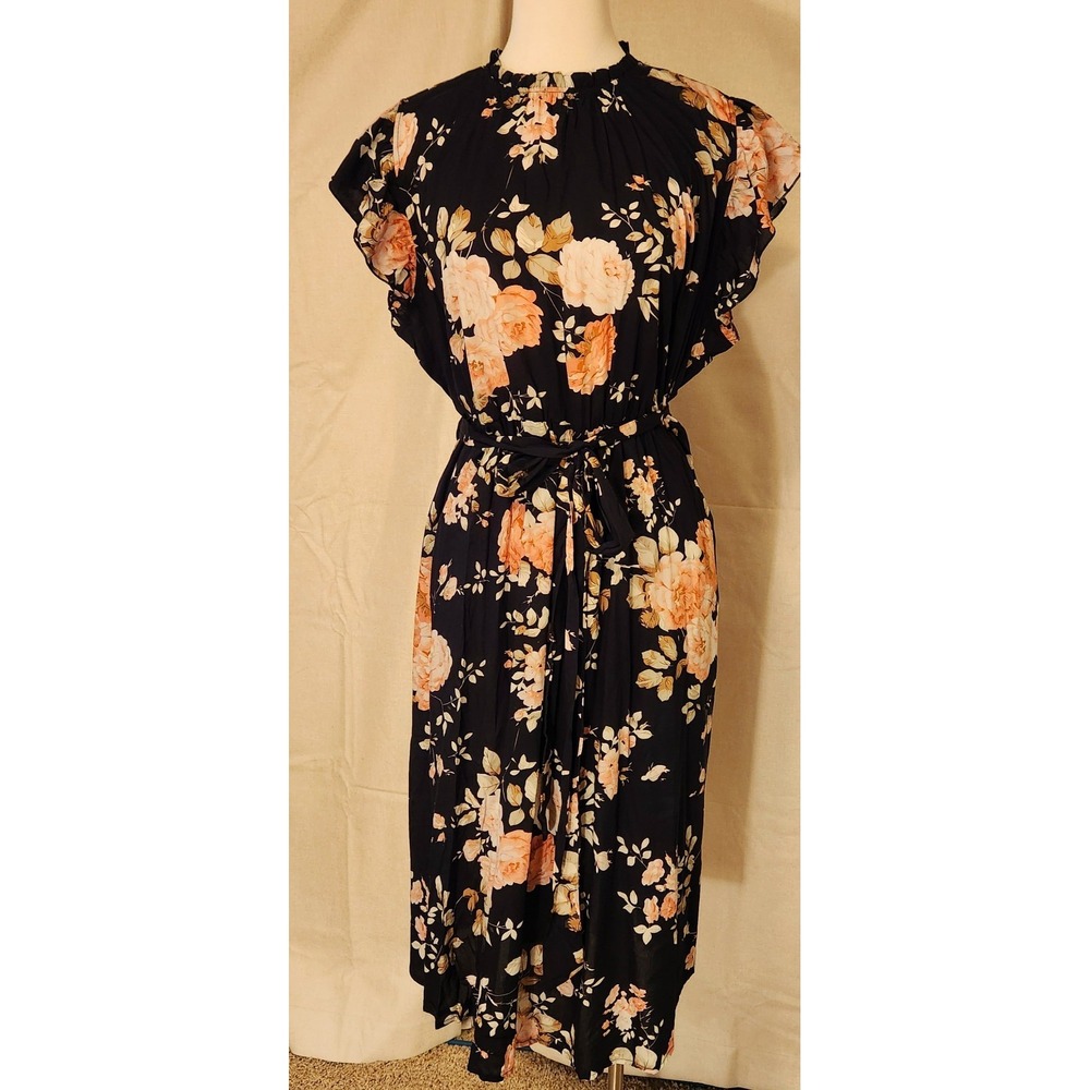 Bloom Chic Rose Print Ruffle Sleeve And Neck, Belted Shift Dress, Size 18/20
